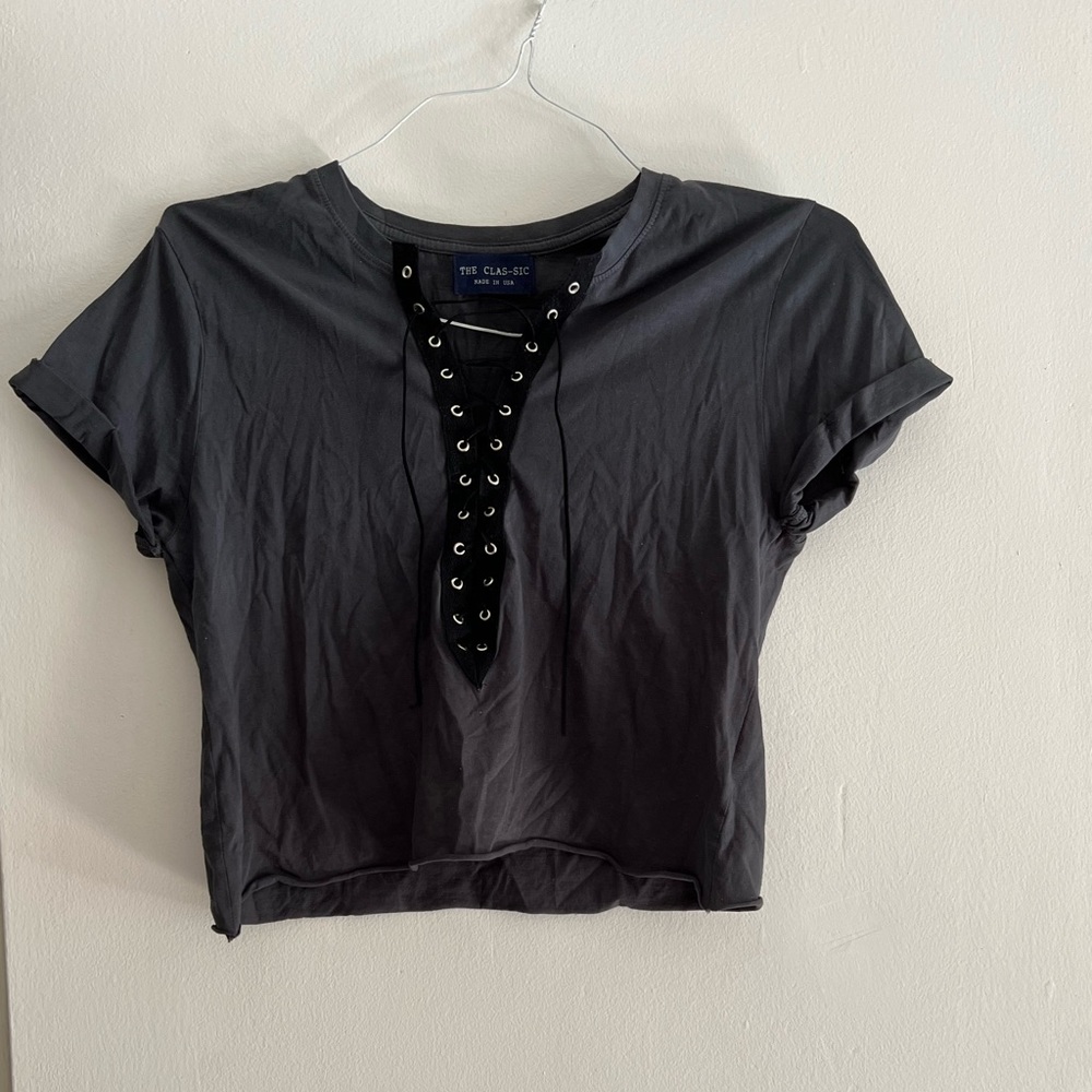 Mixology Navy/Grey Lace Up V-Neck Short Sleeve